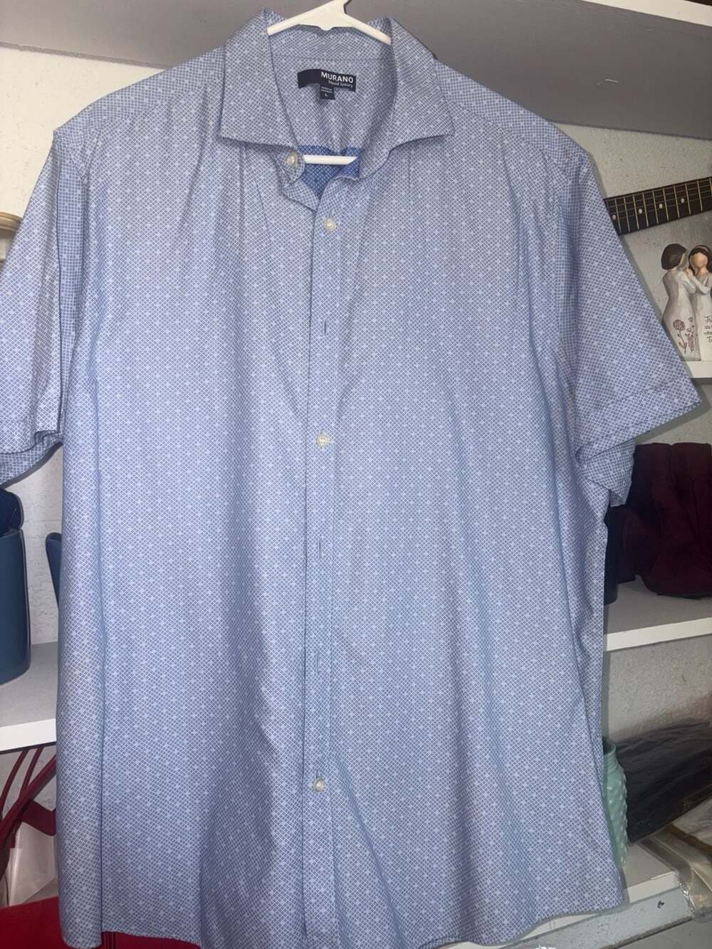 Murano Liquid Luxury Blue Geo Print Short Sleeve Button Up Shirt